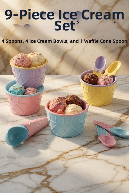 9 Piece Ice Cream Set 4 Containers 4 Spoons 1 Cornet Spoon Bpa Free Colorful Set