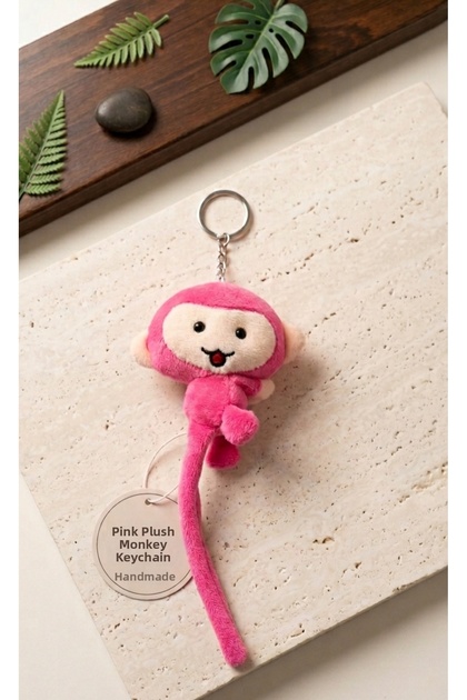 Fuchsia Plush Monkey Keychain - Vibrant Colored Long-Tailed Figure_Gift