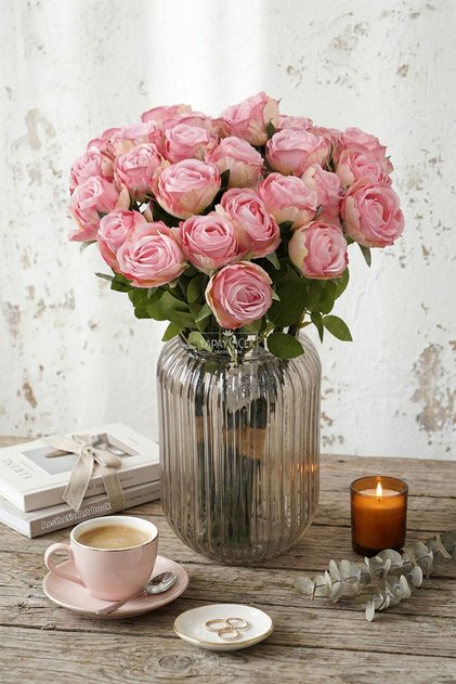 Artificial Flower 9-Piece Gentle Luxury Gonca Rose Branch Bunch 35 cm Powder Pink