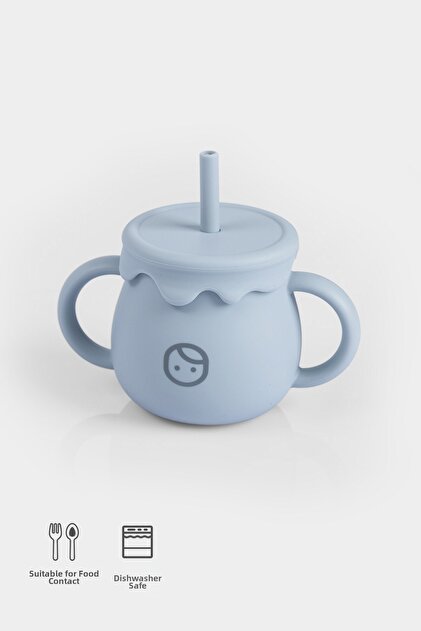 Silicone Water Bottle and Snack Cup with Straw Blue