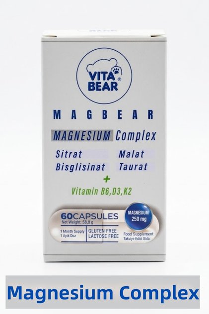 Magbear Magnesium Complex (Malate+Citrate+Taurate+Bisglycinate) + Vitamin B6, D3+K2 Vegan Capsules