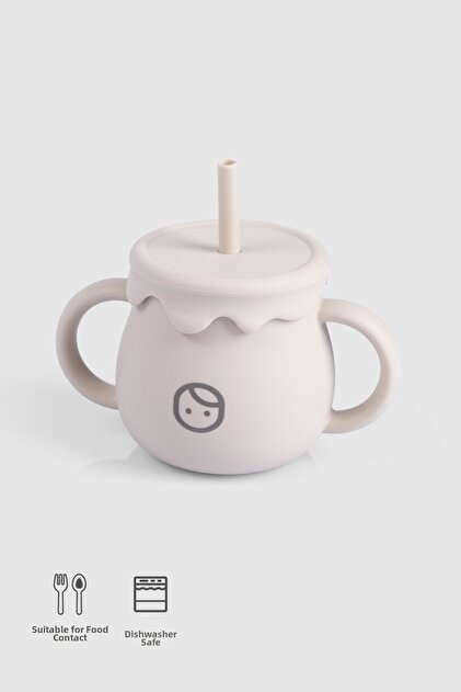 Silicone Water Bottle with Straw and Snack Cup Beige