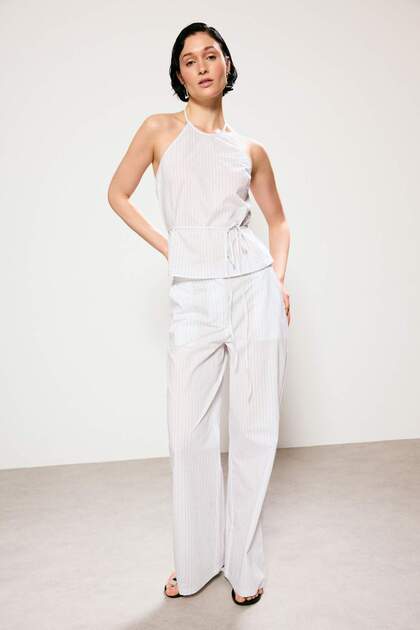 Trendyol Studio White-Colored Striped Papertouch Blouse Trousers Woven Bottom - Top Set Twoss26Au00124