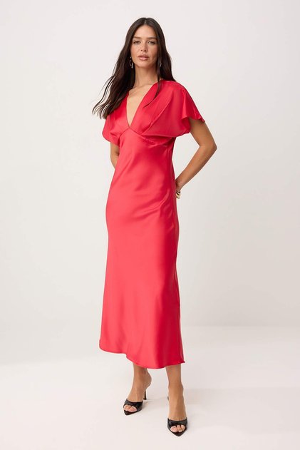 Red V-Neck Satin Maxi Woven Dress Twoss26El00880