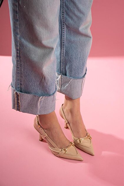 Amanda Beige Nude Skin Buckle Detailed Heeled Women's Shoes