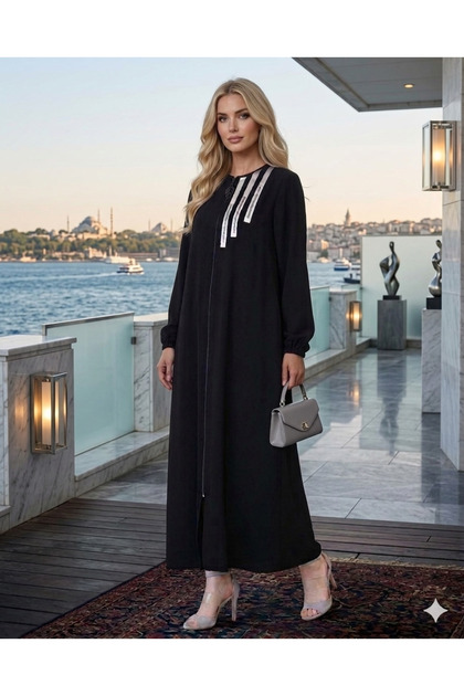 Black Crepe Mevlana Gray with Striped Detail Zippered Ferace Length 1.40 cm Bust 56 cm