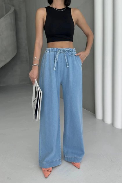 Elastic Waist Palazzo Trousers Medium Blue High Waist Wide Leg Comfortable Loose Women's Trousers