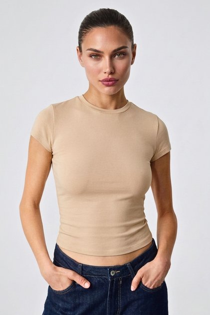 Women's Stretchy Fabric Body-Fitting Beige Slim Fit Crew Neck Basic T-Shirt