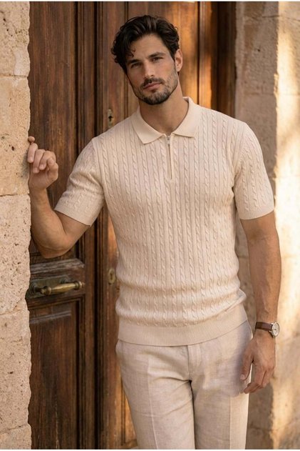 Burke Hair Weave Half Zipper Short Sleeve Thin Knitwear Men's T-Shirt - Beige