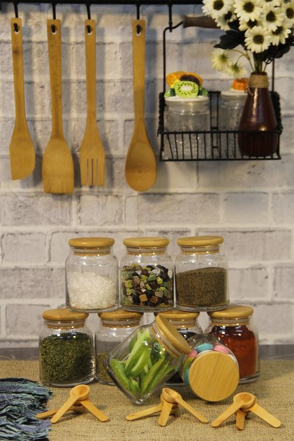 Set of 9 Bamboo Spice Jars with Lids and 9 Bamboo Spoons Glass Jar Set 300 Ml