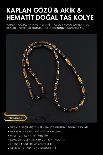 Natural Stone Tiger's Eye, Agate and Hematite Stone Cylinder Pendant