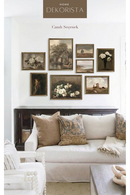 Çerçeveli CAMLI Vintage 8'li Tablo Seti, Galeri Duvarı, Sanatsal Baskı, Tablo, 125X90CM, 8LIB1C