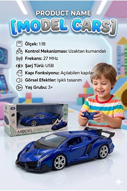 Tıfıl Toys 1:18 Ölçek USB Şarjlı Işıklı Fonksiyonel Mavi Lambo