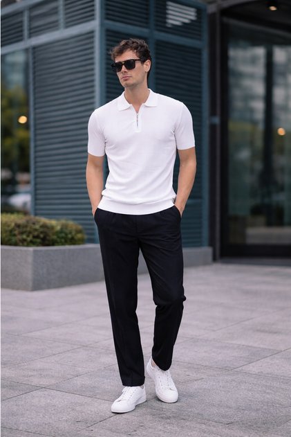 White Men's Polo Collar Half-Zip White T-Shirt