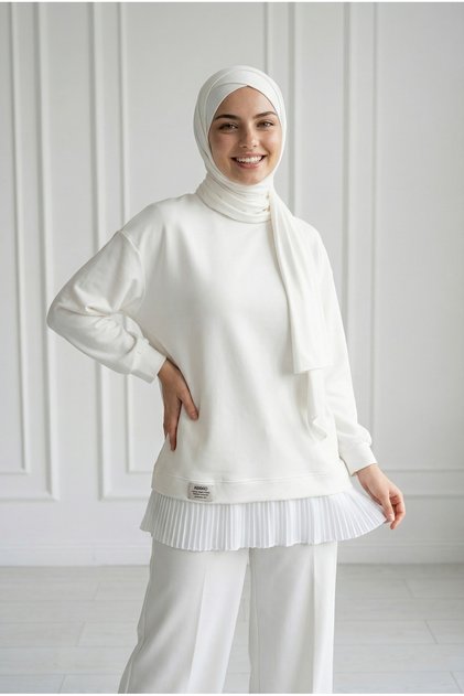 Lamora Eteği Piliseli Nakışlı Tunik-NA816 Ekru
