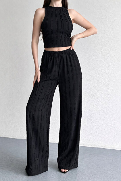 İLKCET MODA Halter Yaka Siyah Ters Dikiş Crop Pantolon Alt Üst