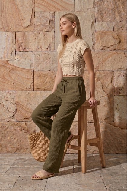 Khaki Muslin Palazzo Pants 100% Organic Cotton