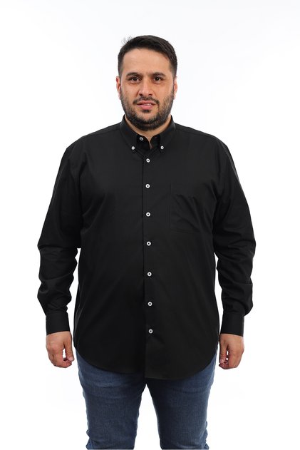 Men's Plus Size Black Cotton Buttoned Collar Pocket Long Sleeve Shirt