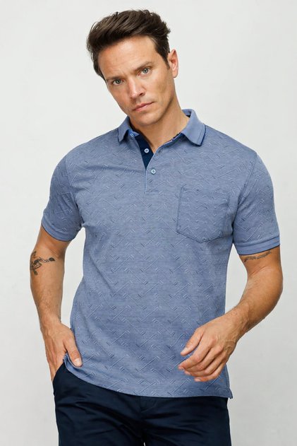Men's Polo Neck Jacquard Buttoned Pocket T-Shirt Navy Blue