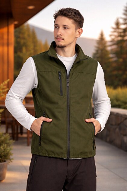 High Collar Slim Fit 3-Pocket Softshell Men's Vest Water-Repellent Fabric