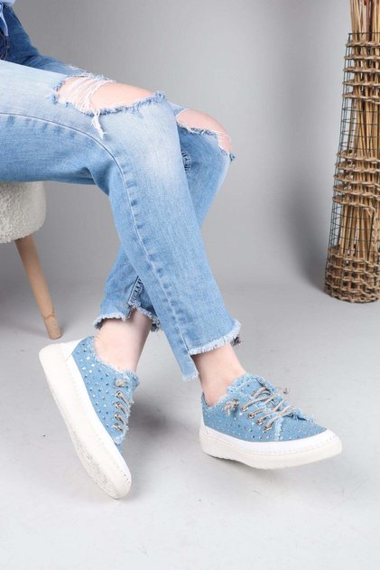 Clara Denim Sneakers with All Stone Accessories Blue
