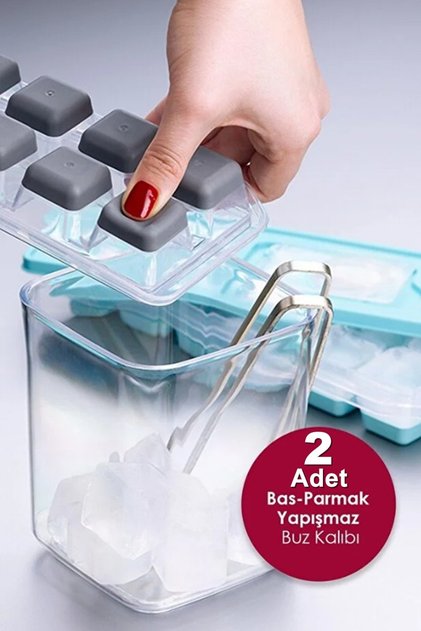 2 Adet Pratik 12 Bölmeli Bas Parmak Silikon Buz Kalıbı Kapaklı Silikon Yapışmaz Bas Parmak Buzluk