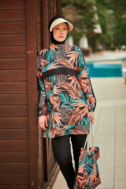 Patterned full coverage hijab swimsuit r2409