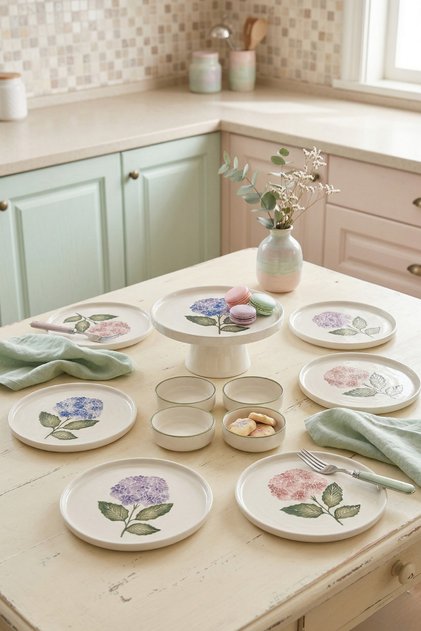 Ortanca 11 Piece Ceramic Plate Set for 6 People with Stackable Feet and Presentation Stand & Breakfast Set