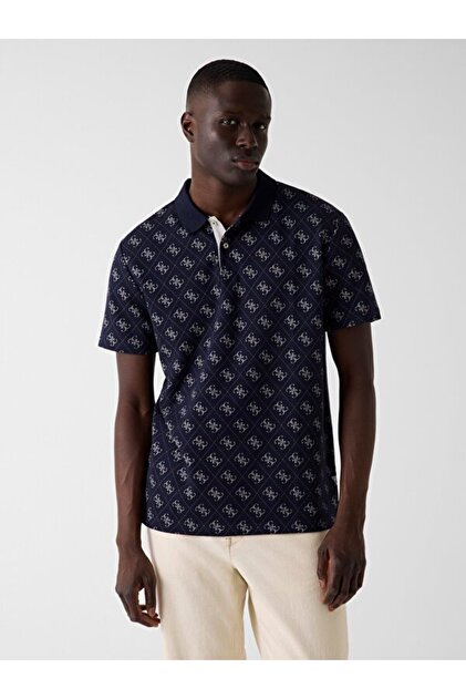 Guess Kısa Kollu Tamamı 4G Jakarlı Polo Yakalı Erkek Lacivert Polo