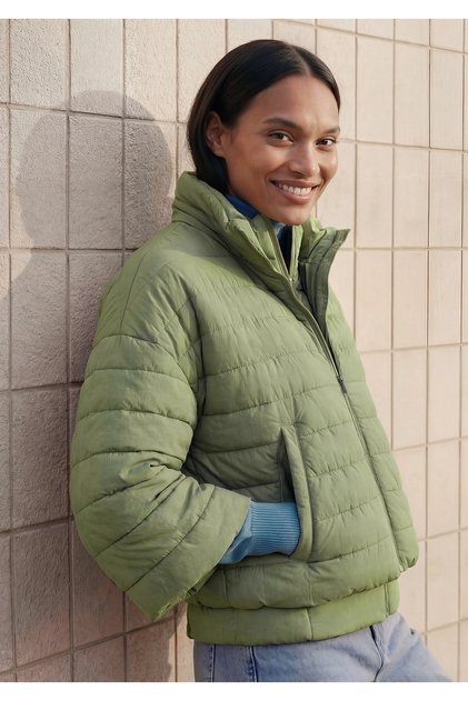 Women's khaki belted zippered high collar jacket with pockets