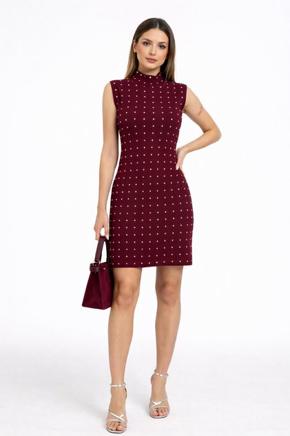 Stone-Embellished Burgundy Women's Ottoman Mini Dress