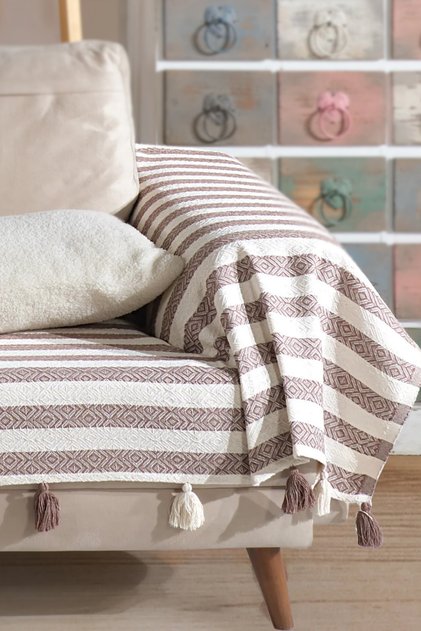 Pera Brown Tasseled Arm Covering Sofa Cover 300X110 cm 3m King Size Pompom Sofa Sofa Bed