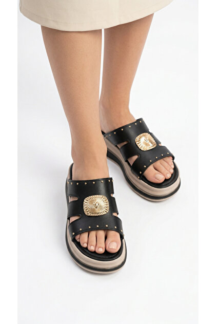 Square Thick Gold Buckle Detailed High Heeled Comfortable Women's Summer Slippers Sandals