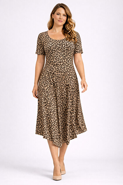 ans Women's Plus Size Leopard Print, Asymmetrical Hem Dress 65N39457-  Trendyol