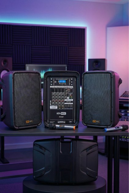Potent Kompakt Portatif Ses Sistemi Mixer Çift Hoparlör ve Çift Mikrofon 1000W