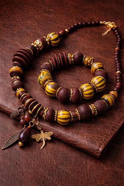 Handmade Coffee, Mustard and Colorful Women's Short Necklace