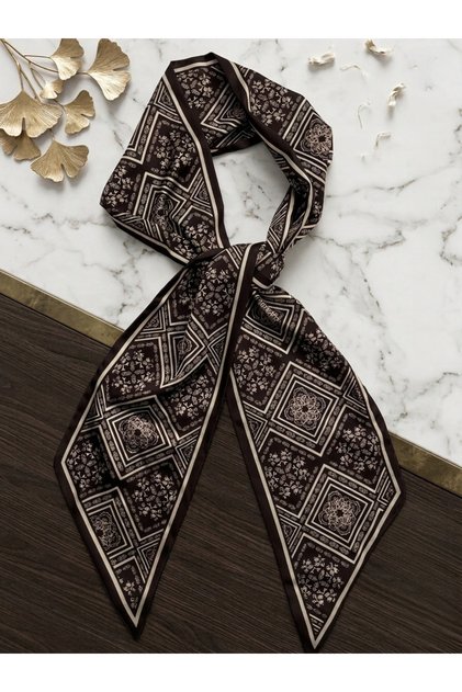 Coffee Cream Ethnic Patterned Silk Textured Tie Scarf