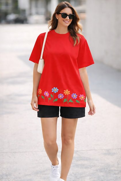 Unisex Oversize T-Shirt with Sequential Floral Pattern and Bottom Print – Cotton Crew Neck Casual T-Shirt