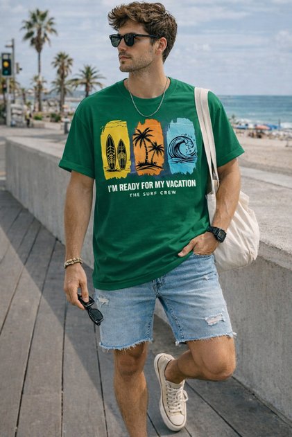 Surf and Vacation Themed Printed Unisex Oversize T-Shirt – Cotton Crew Neck Vacation Printed T-Shirt