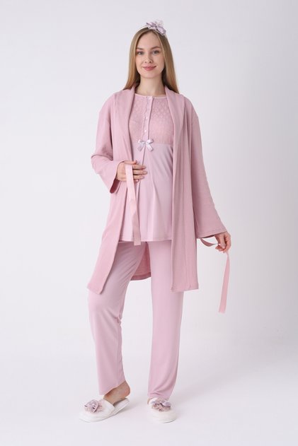 Maternity Pajamas Dressing Gown 3-Piece Set Waffle Textured Lace Breasted Buttoned Breastfeeding Cotton Viscose Set