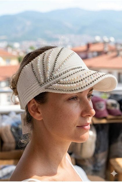 Women's Stoned and Pearl Embroidered Visor Hat Summer