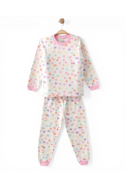 Girl's Heart Printed Crew Neck Seasonal 100% Cotton Nightgown Top and Bottom Pajama Set