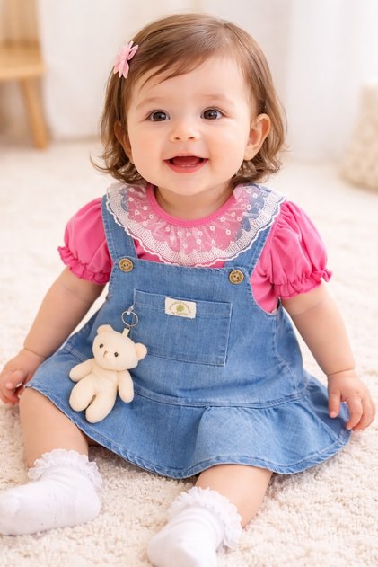 Girl's Denim Gilet Dress with Ruffles, 2-Piece Set