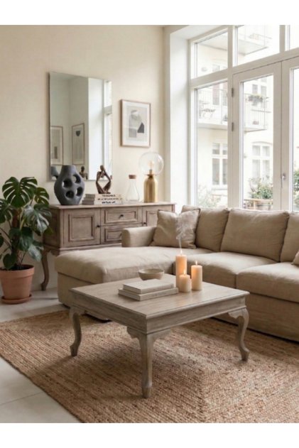 Nitra Eskitme Renk Kayın Ahşap Orta Sehpa 82x82 cm | Masif Ayaklı Rustik Country Orta Sehpa Modeli
