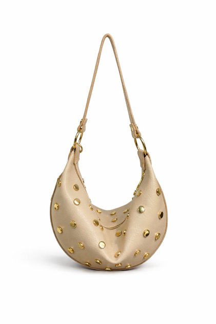 Beige-Mink Color Staple Gold Stone Detailed Soft Leather Women's Shoulder Bag (30Cm*18Cm)