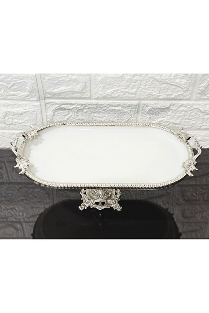 Porcelain Small Oval Boat Shaped Serving Plate with Cast Silver Frame and Square Legs 30 cm