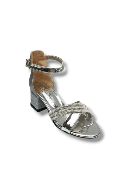 7454-26 Glittery Patent Leather Striped Stone Heeled Girls' Sandals 31-36