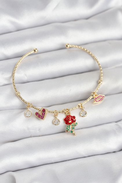 Stylish Rose Charmed Gold Color Brass Women's Bracelet Teachers Mothers Valentine's Day Gift