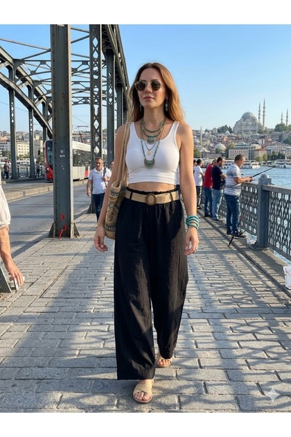 Women's Italian Black Elastic Waist Plain Pattern Side Pockets Belted Wide Leg 100% Linen Trousers