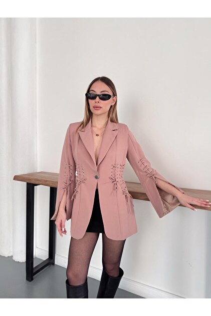 Pink Lace Detailed Double-Breasted Cut Woven Fabric Blazer Jacket